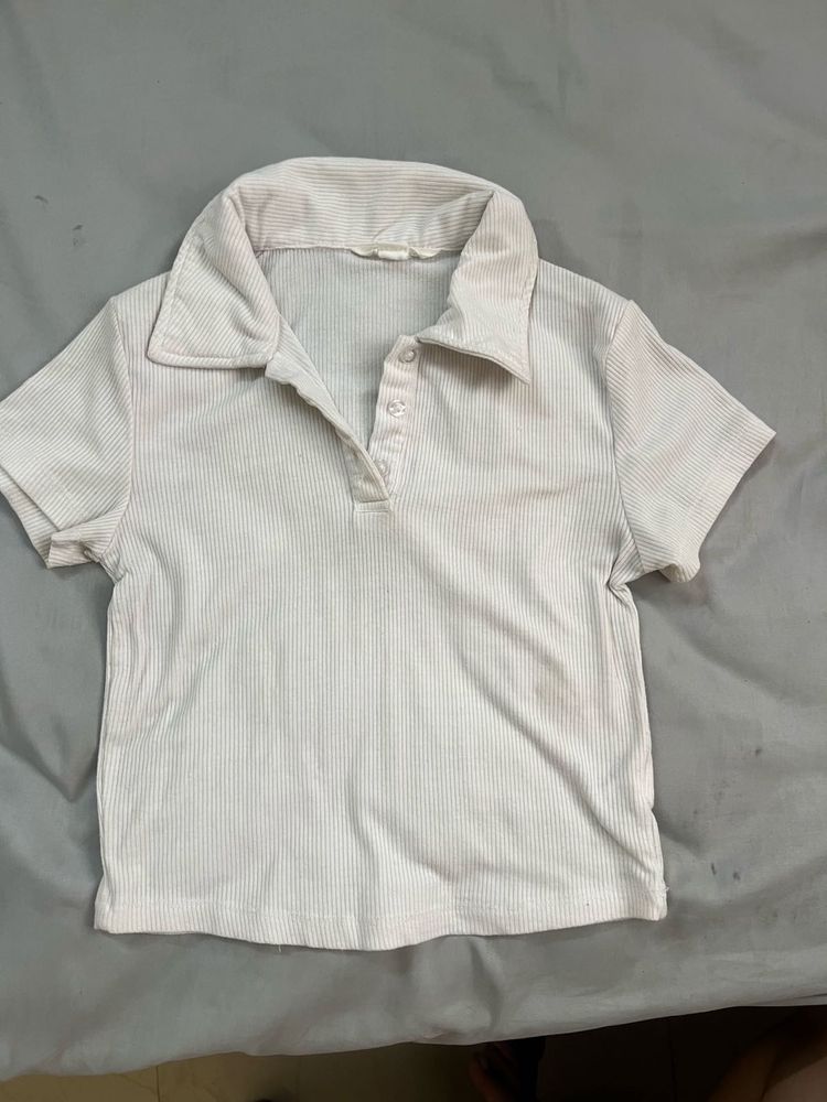 Cream Ribbed Polo T-Shirt