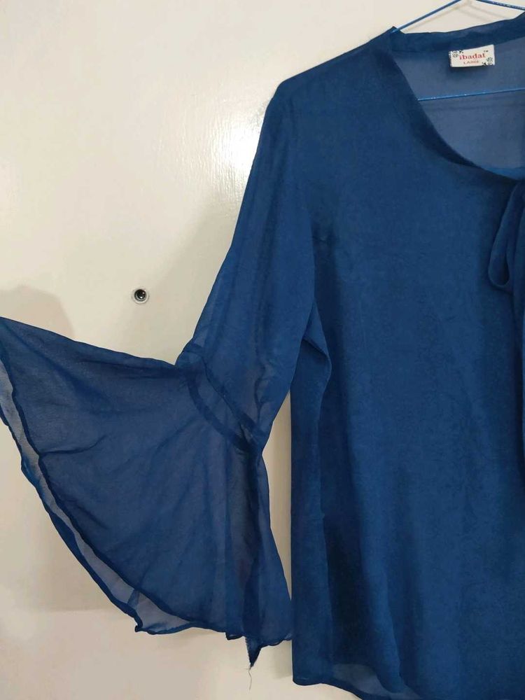 Dark Blue Sheer Bell Sleeve Blouse