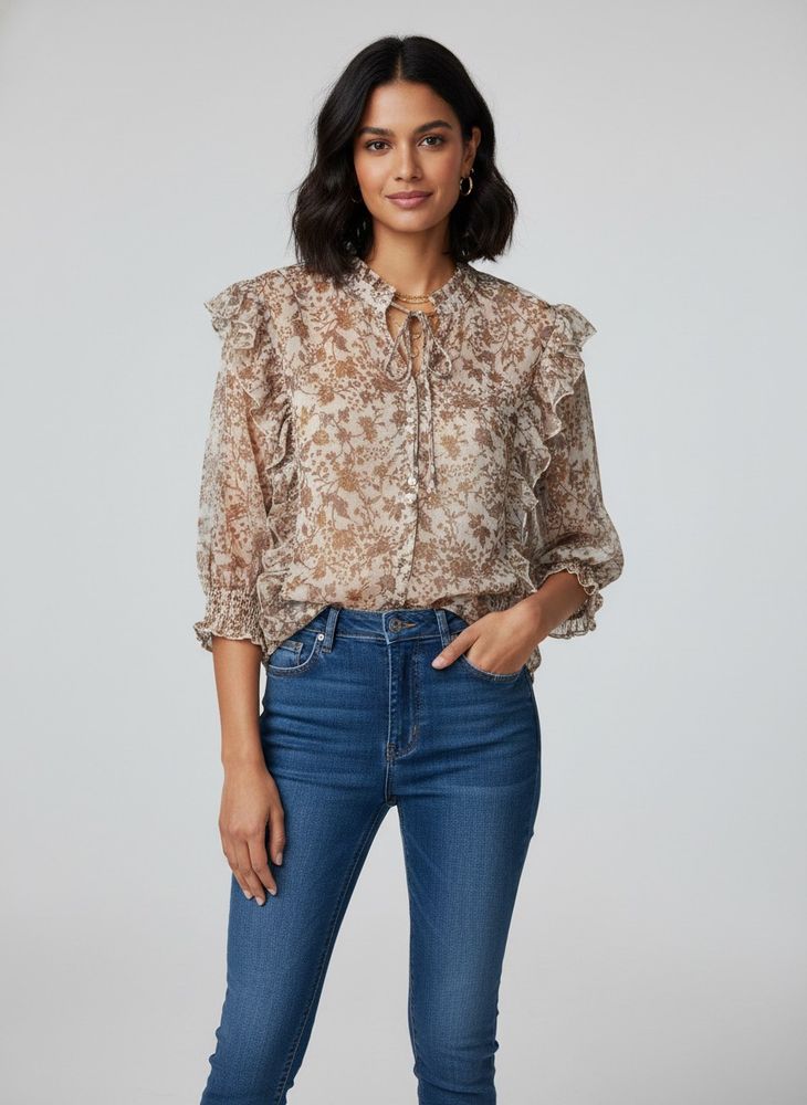 Sheer Floral Ruffle Blouse