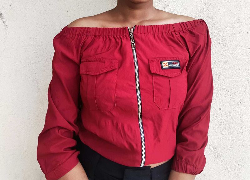 Stylish Red Off-Shoulder Zip-Up Crop Top |Size M |