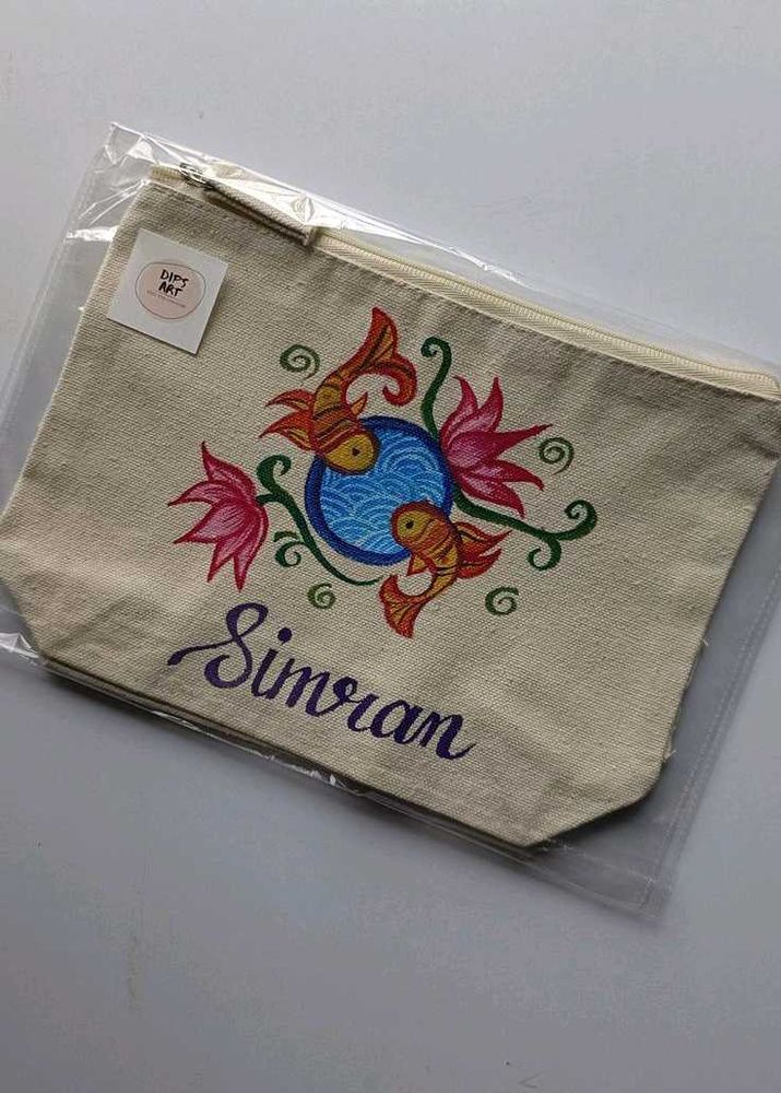 Hand-painted Canvas Pouch with Fish Design