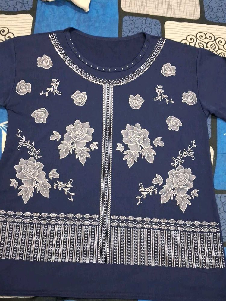 Navy Blue Floral Print Tunic Top