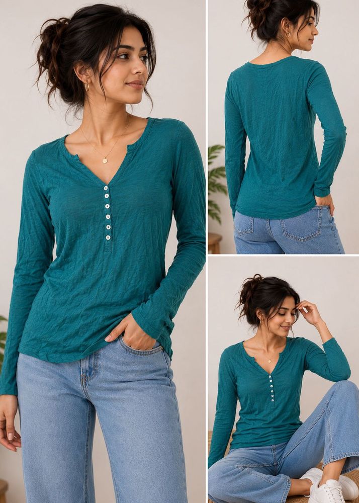 Teal Long Sleeve Henley Top