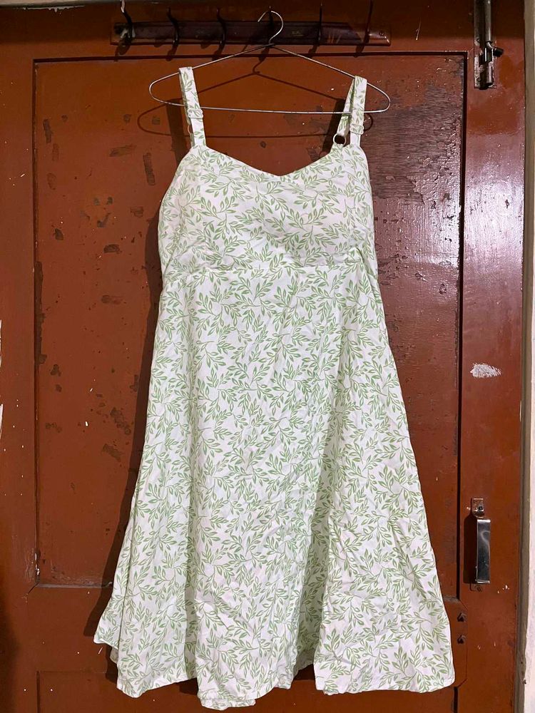 White Green Leaf Print Sundress