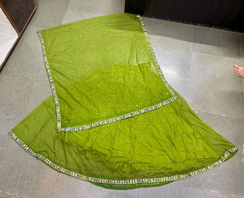 💚 Green Net Lehenga Skirt with Full Size Dupatta