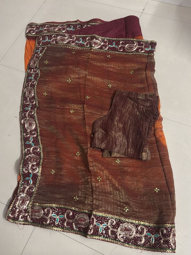 Embroidered Silk Blend Saree with Blouse