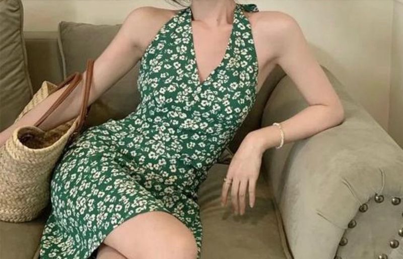 Green Floral Halter Neck Dress