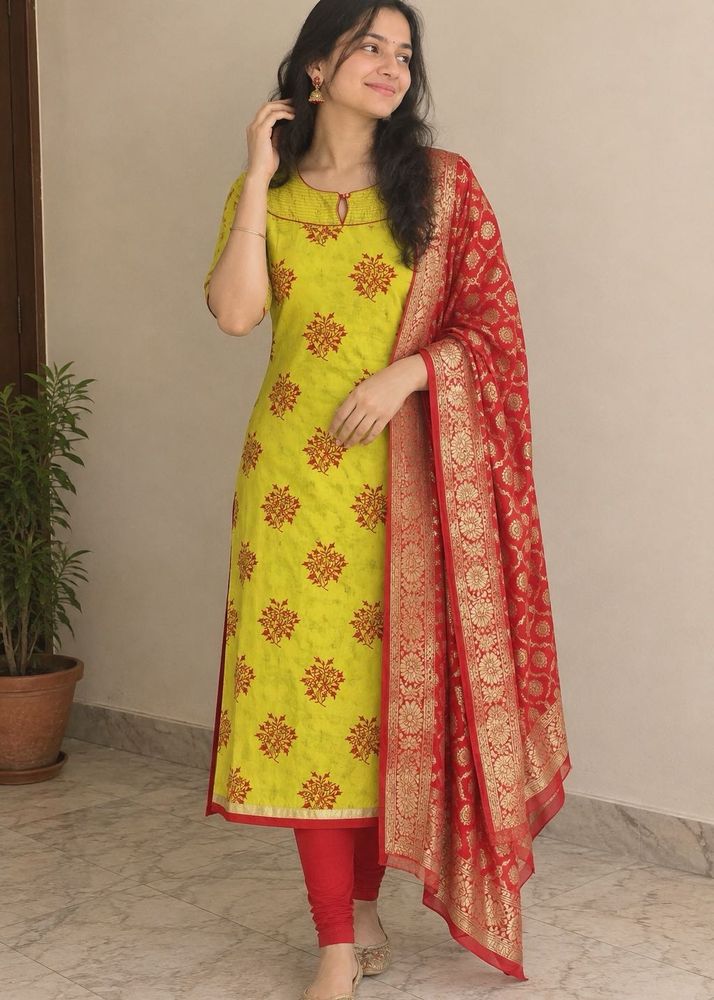 Yellow Kurta Set with Red Design Dupatta and pant