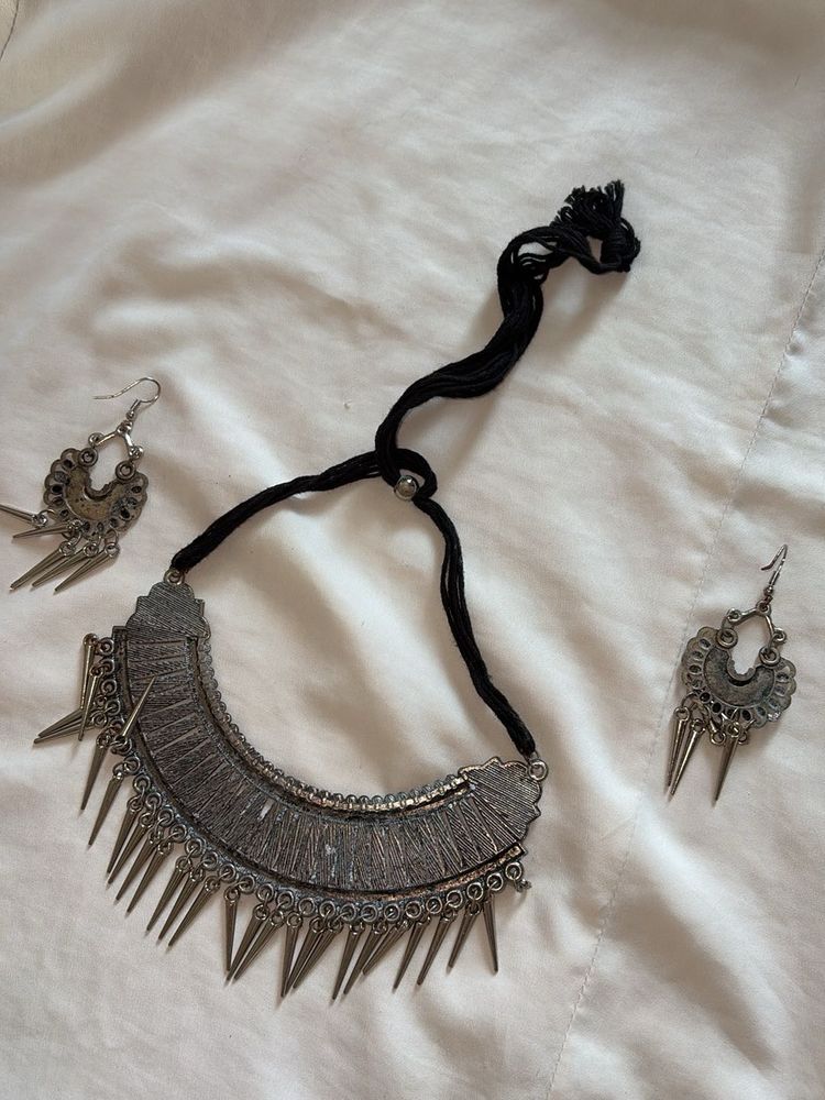 Boho Oxidised Silver Necklace &amp; Earring Set