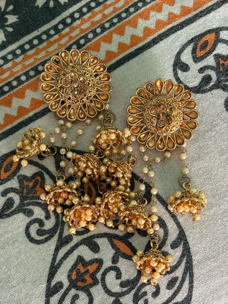 Golden Jhumka Earrings with Pearl Detail