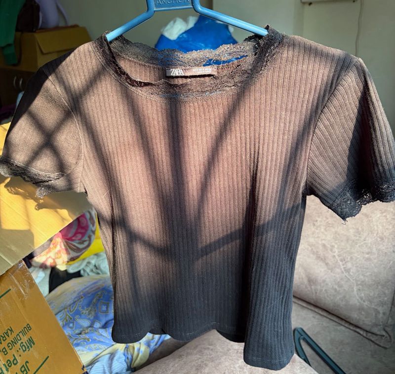 Lace Trim Ribbed Top