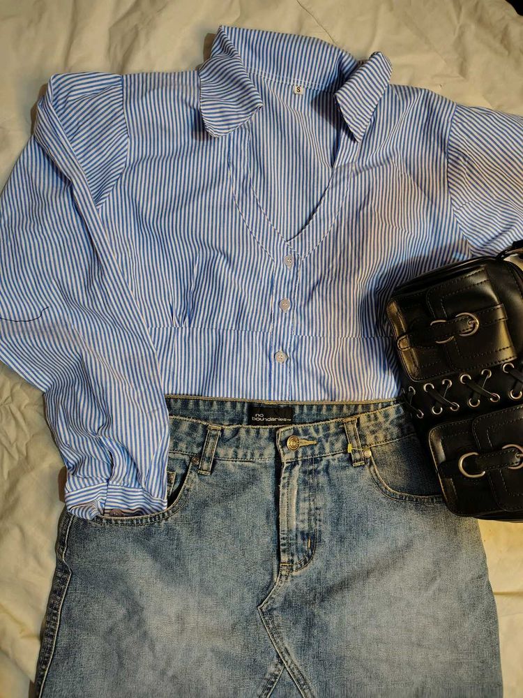 Retro Striped Button-Up &amp; Denim Skirt Set