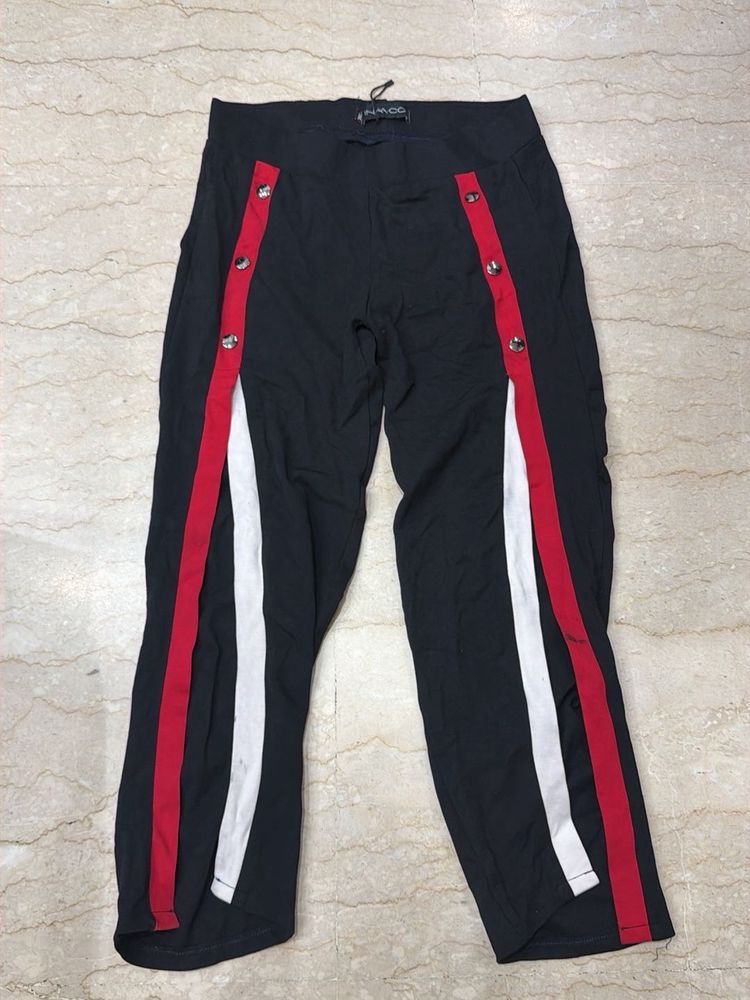 Stylish Black Track Pants with Red &amp; White Stripes