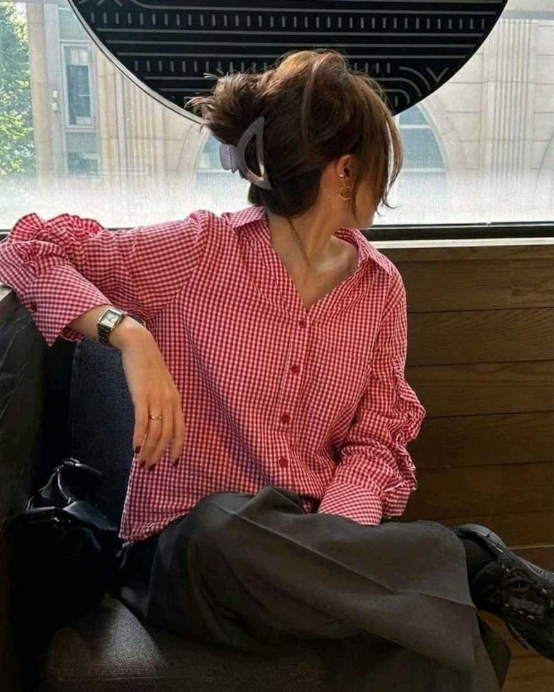 New with tag Korean Red Gingham Button-Up Shirt