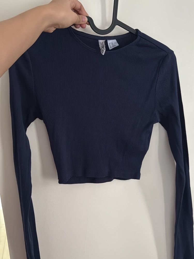 Navy Blue Long Sleeve Crop Top