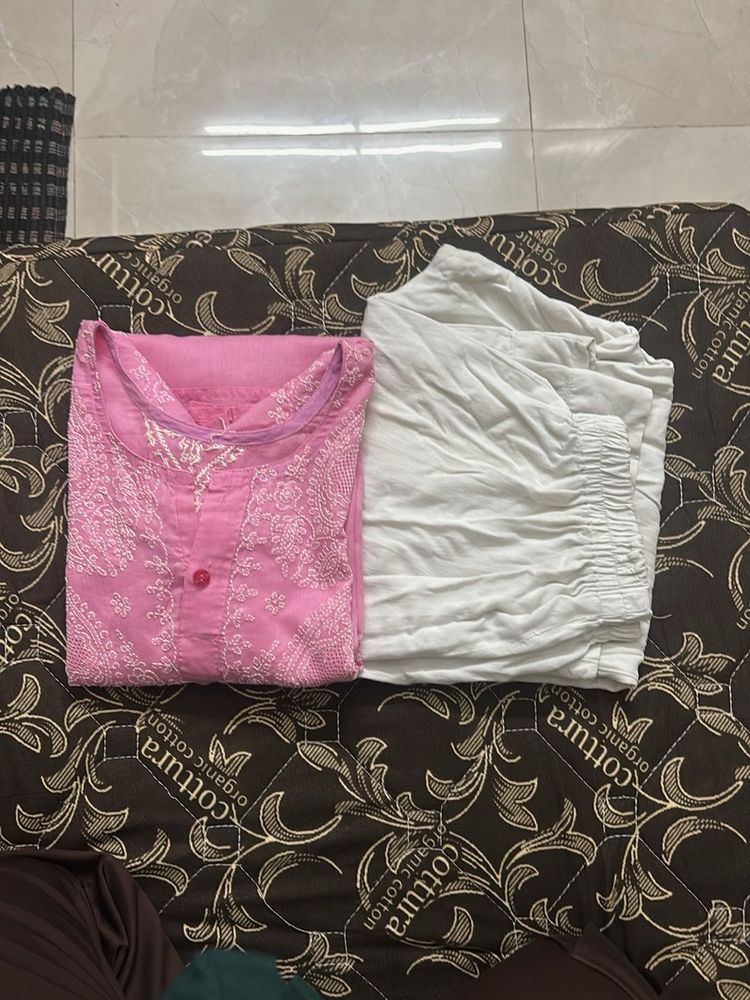 Pink chikankari kurta with white plazo