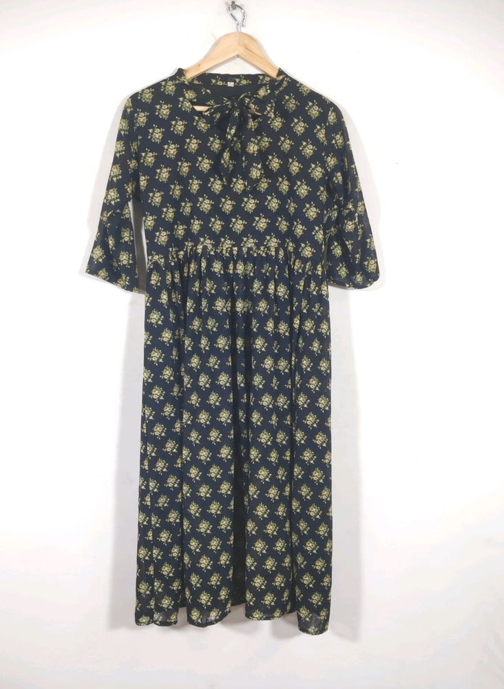 Navy Floral Print Midi Dress