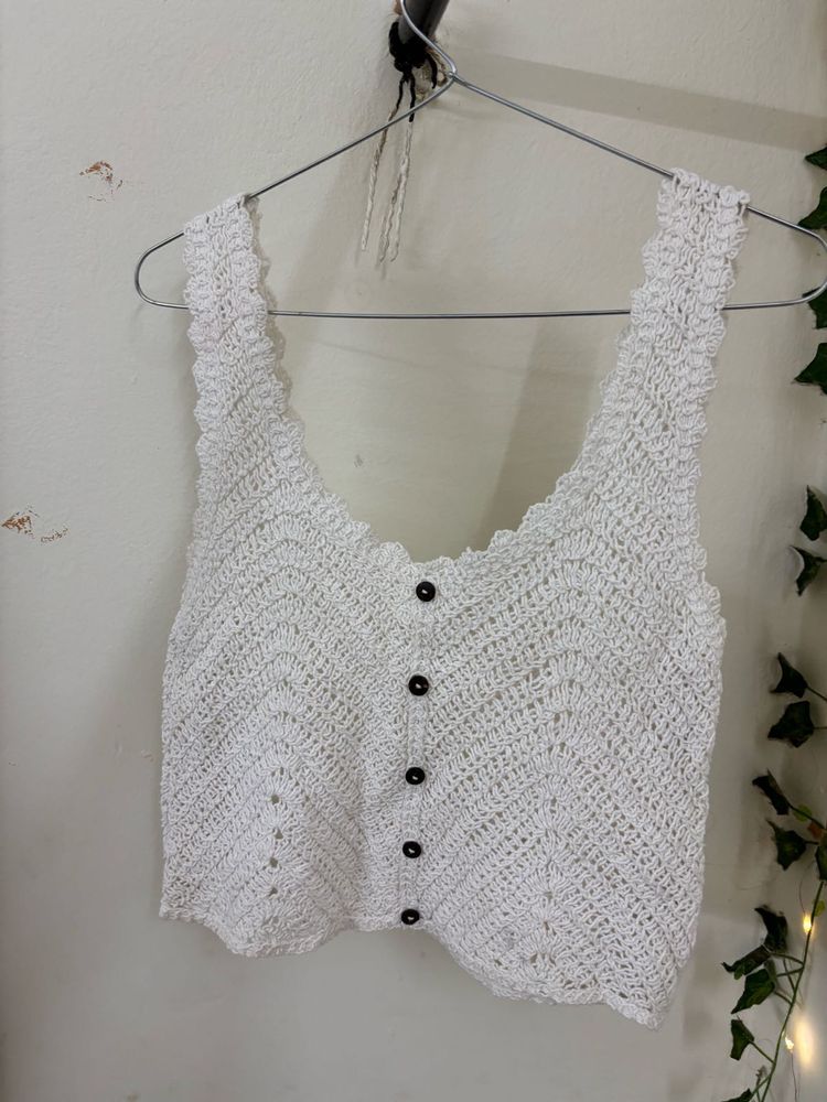 White Crochet Button-Up Crop Top