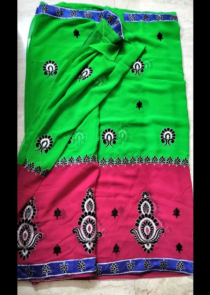 Elegant Green &amp; Rani Pink Embroidered Saree 🌸