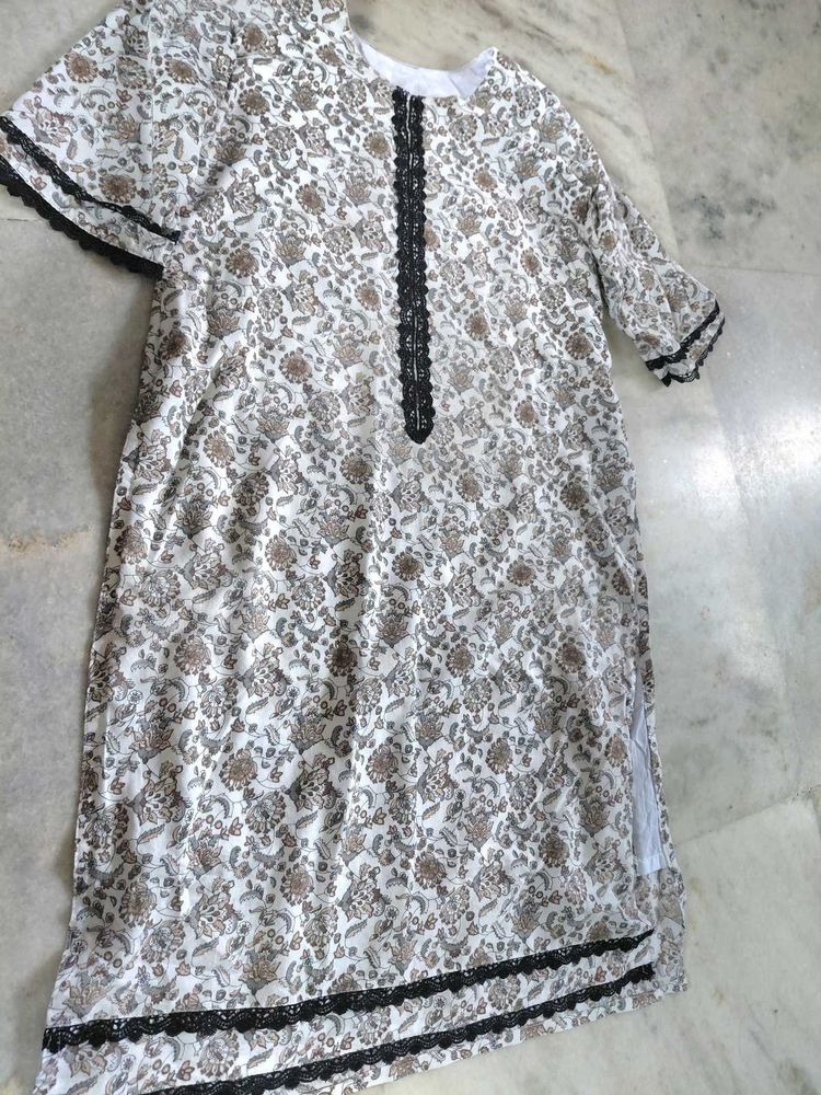 Elegant Printed Kurta with Lace Trim only kurti