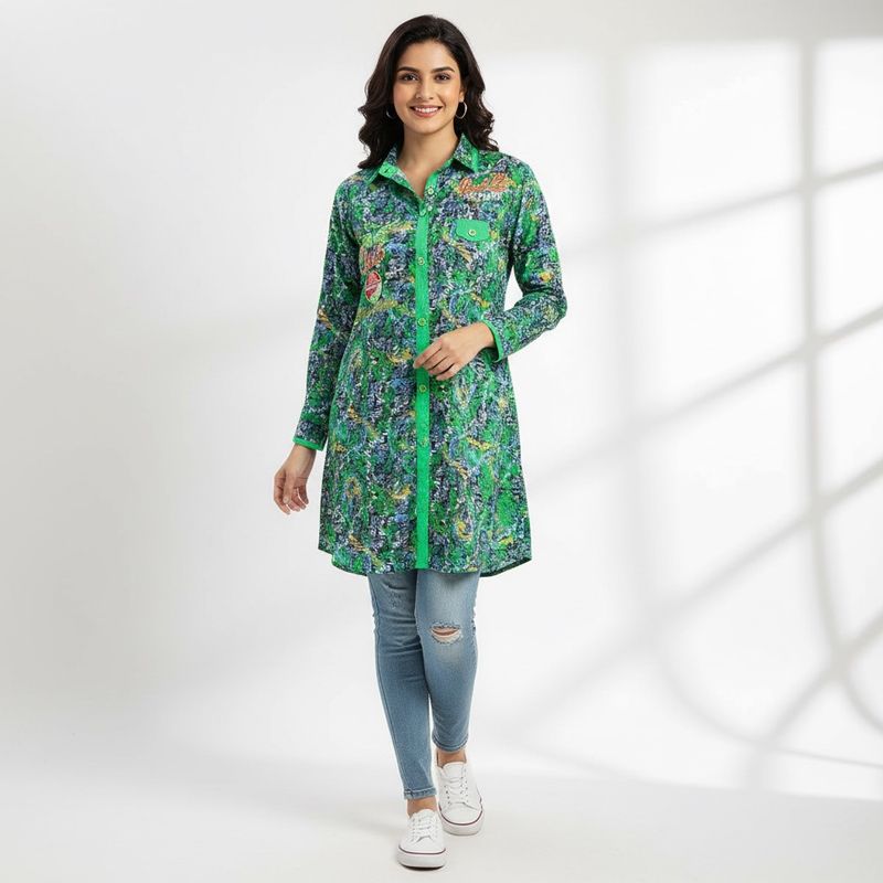 Green Abstract Print Casual Shirt