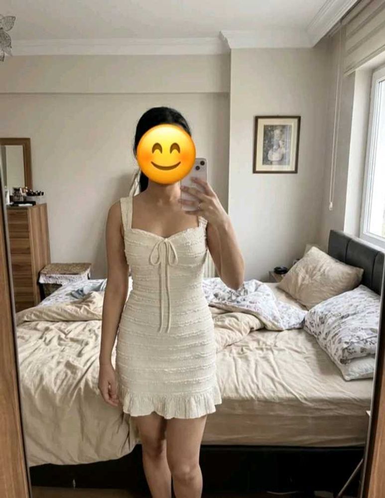 Savana Cream Textured Mini Dress with Tie Front