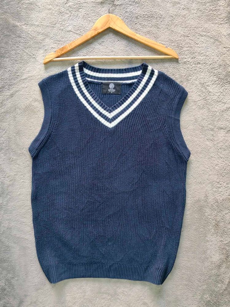 Blue V-Neck Striped Sleeveless Sweater Vest