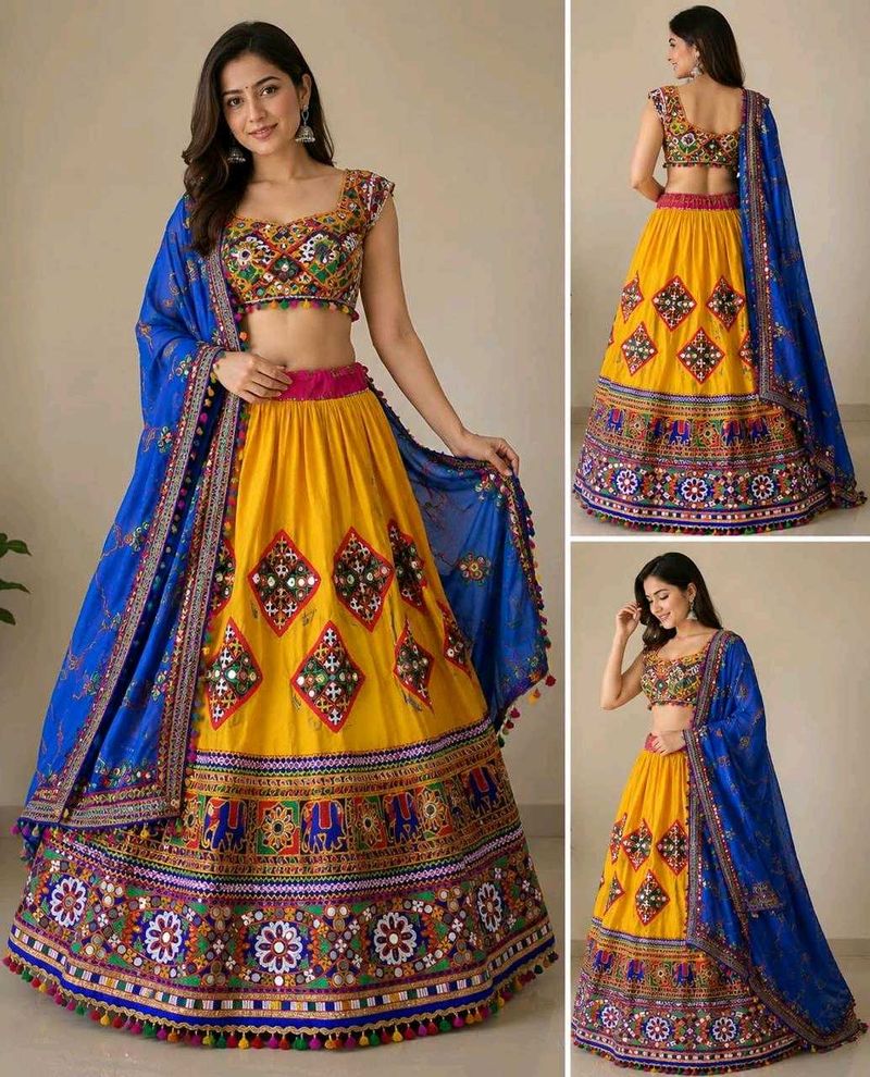 Vibrant Yellow &amp; Blue Embroidered Lehenga Choli