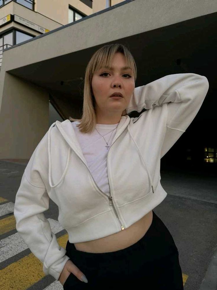 Cream Cropped Zip-Up Hoodie