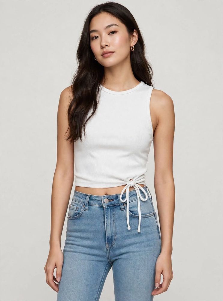H&amp;M Ribbed White Crop Top with Tie Detail