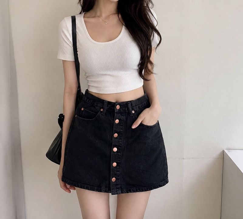 Black Denim Button-Front Mini Skirt