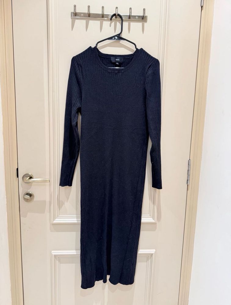 Black Ribbed Long Sleeve Dress