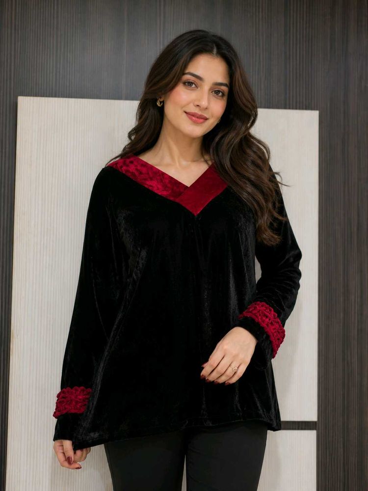 Elegant Black Velvet Kurta with Red Accent