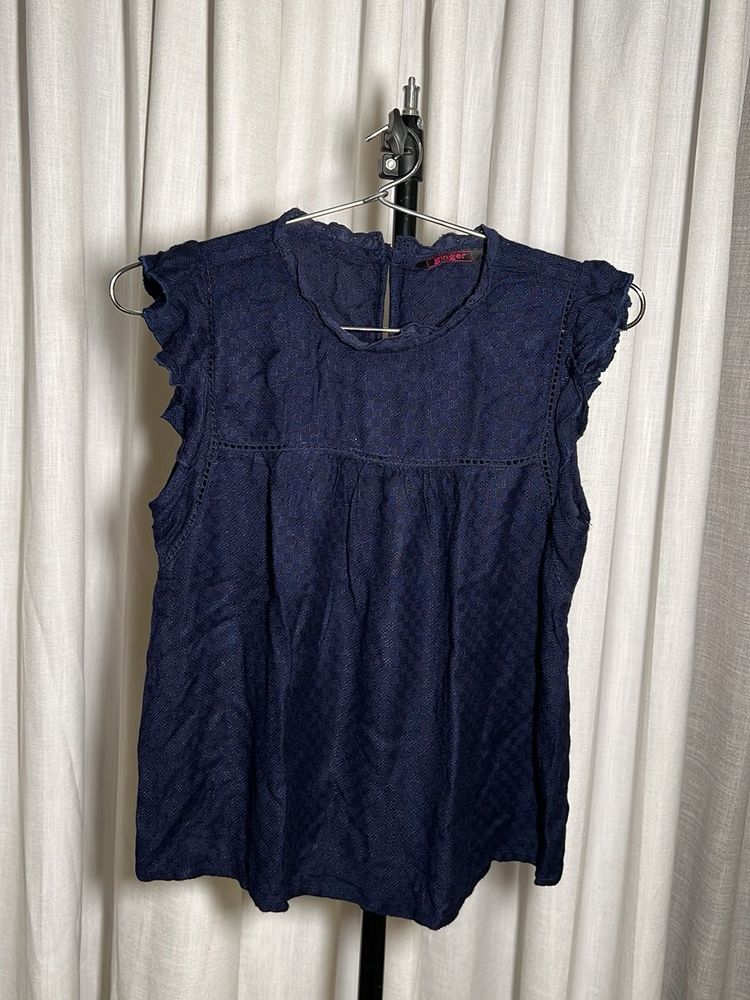 New Ginger Navy Blue Ruffled Sleeveless Top