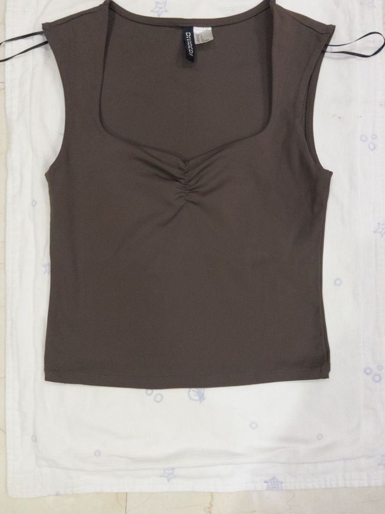 Brown Square Neck Ruched Tank Top