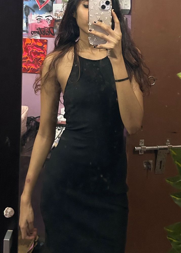 Black Ribbed Open Back Bodycon Dress