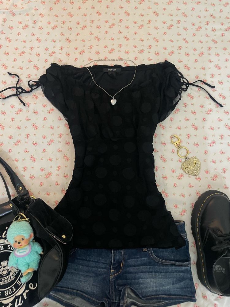 Black Sheer Polka Dot Top