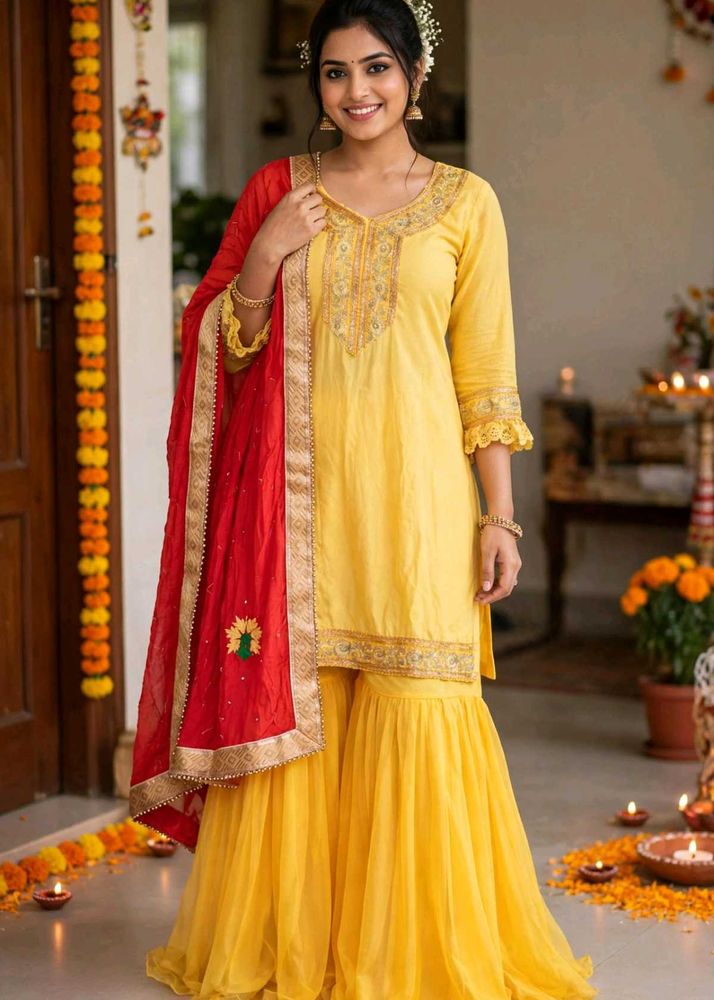 Yellow Kurta Set with Red Dupatta