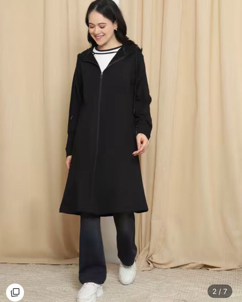 Shein Black Long Zip-Up Hooded Jacket