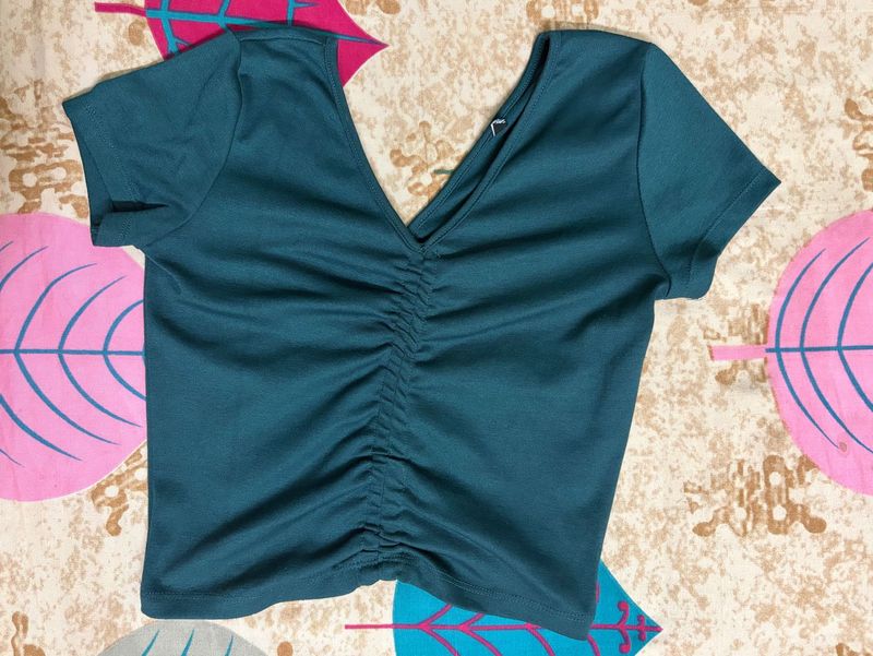 Ruched Dark Green V-Neck Crop Top
