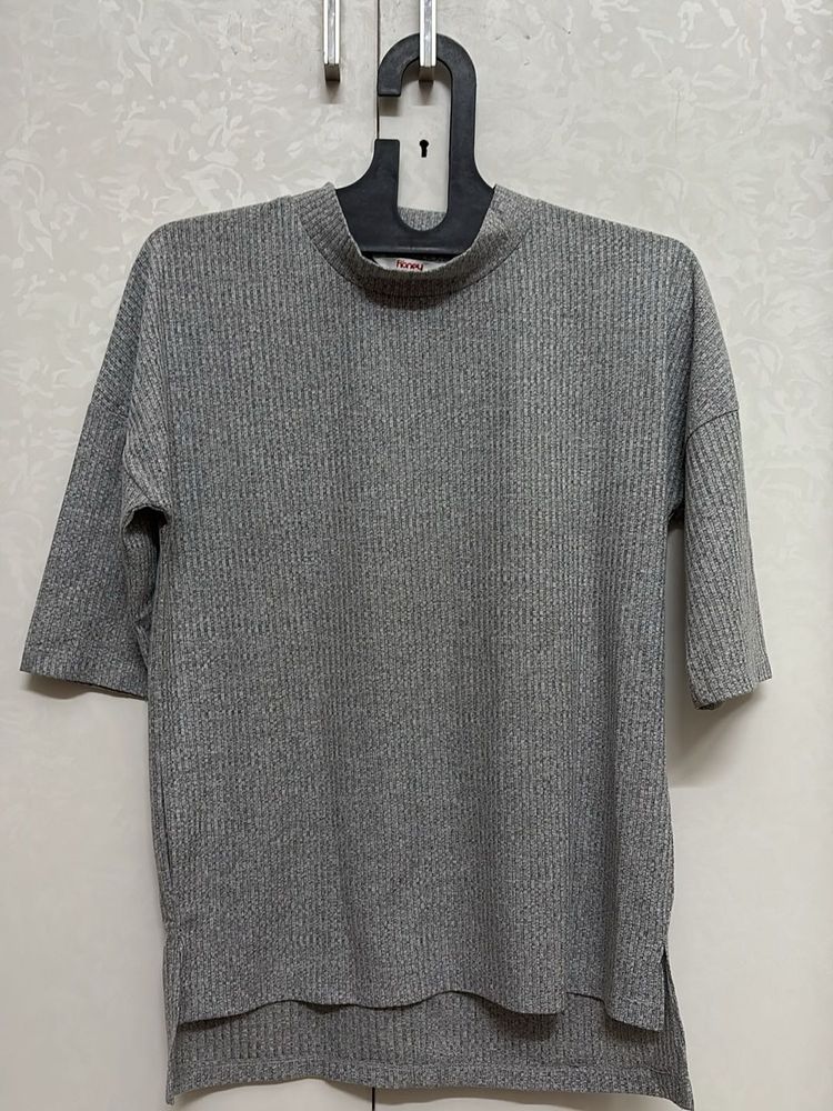 Grey Ribbed Turtleneck Top