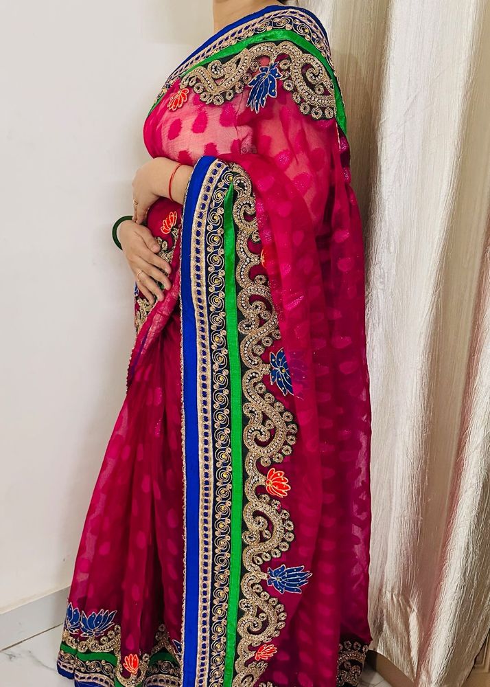 Magenta Saree with Intricate Gold &amp; Blue Embroider