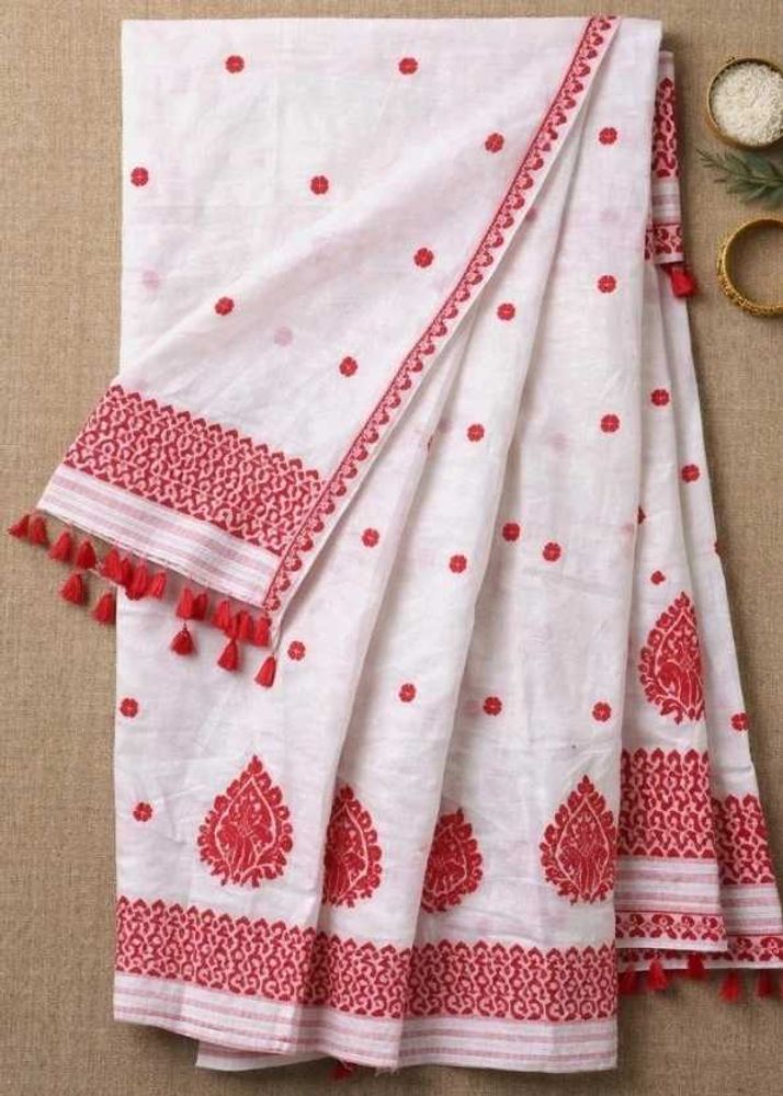 Elegant White Saree with Red Embroidery
