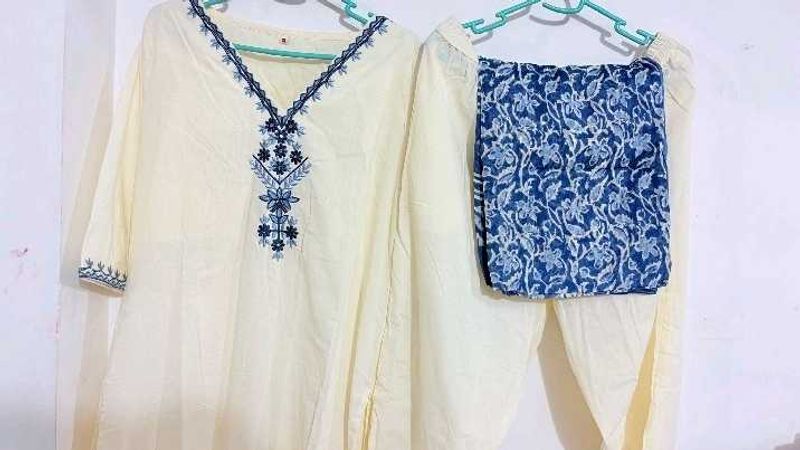 new Cream Kurta Set with Blue embroidery