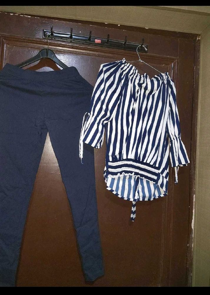 Chic Striped Off-Shoulder Top &amp; Comfy Leggings Set