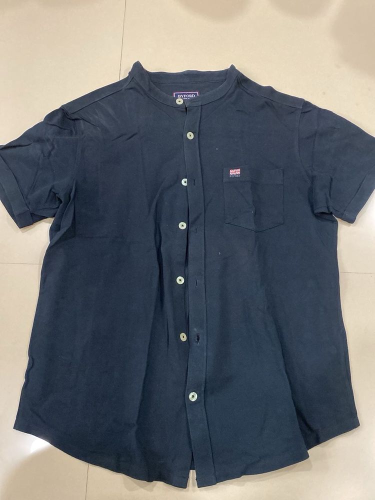 Men's Navy Blue Band Collar Shirt