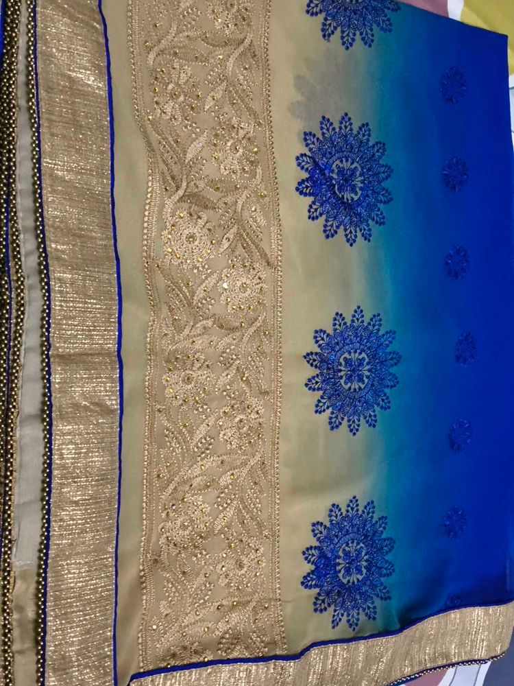 Navy blue and beige colour saree