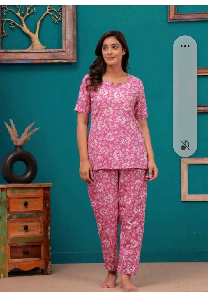Pink Floral Cotton Night Suit Set