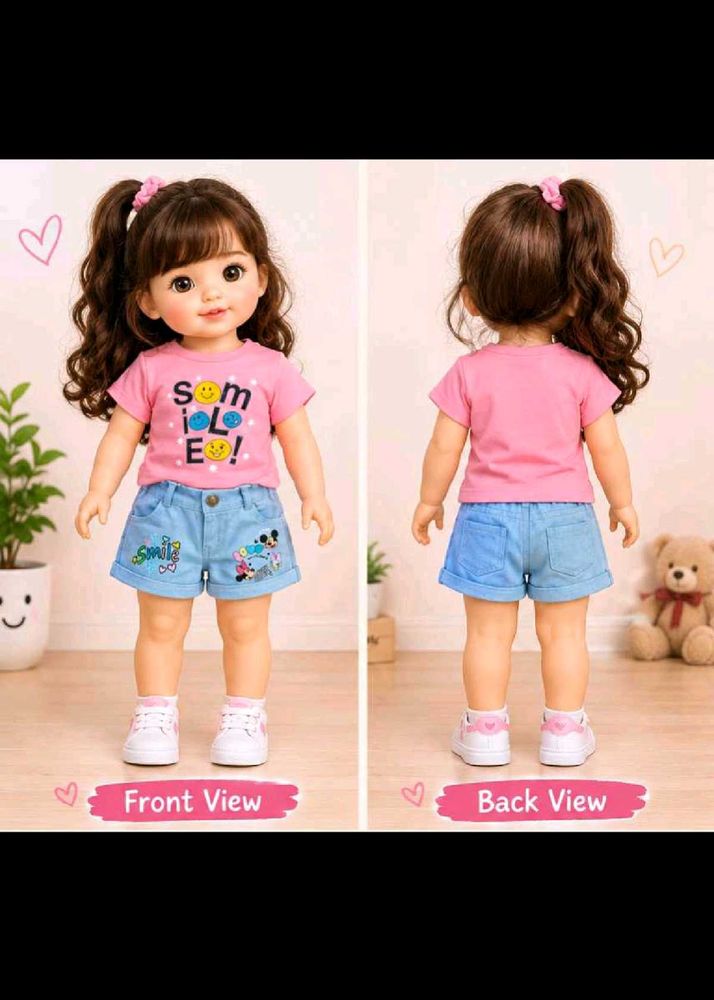 Cute Doll Outfit - Pink T-shirt &amp; Denim Shorts