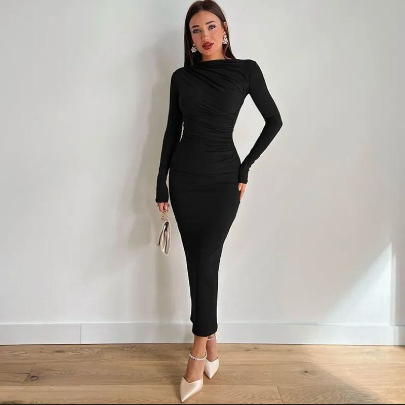 Elegant Ruched Black Midi Dress Limited offer